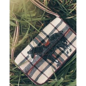 Anthropologie The Fiona Beaded Shoulder Bag Animal Edition Horse Plaid Cream